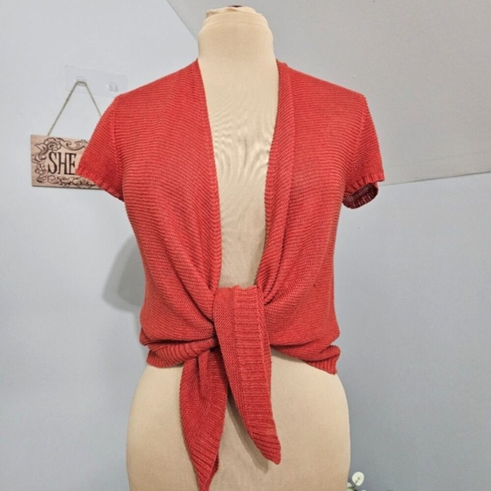 Eileen Fisher Womens XS Rust Orange 100% Linen Short Sleeve Tie Front‎ Cardigan